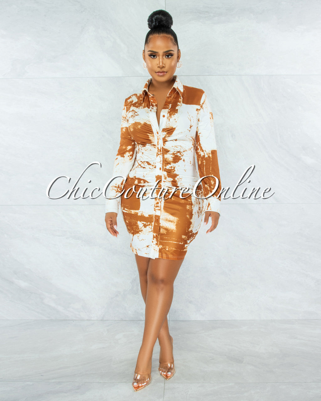 Kontare Mustard White Tie-Dye Buttons Shirt Dress