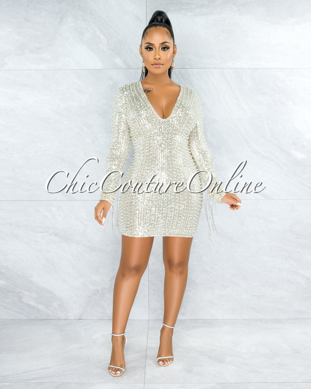 chain fringe mini dress Glory Silver Sequins Pearls Chain Sleeves Fringe Mini Dress – Chic Couture  Online