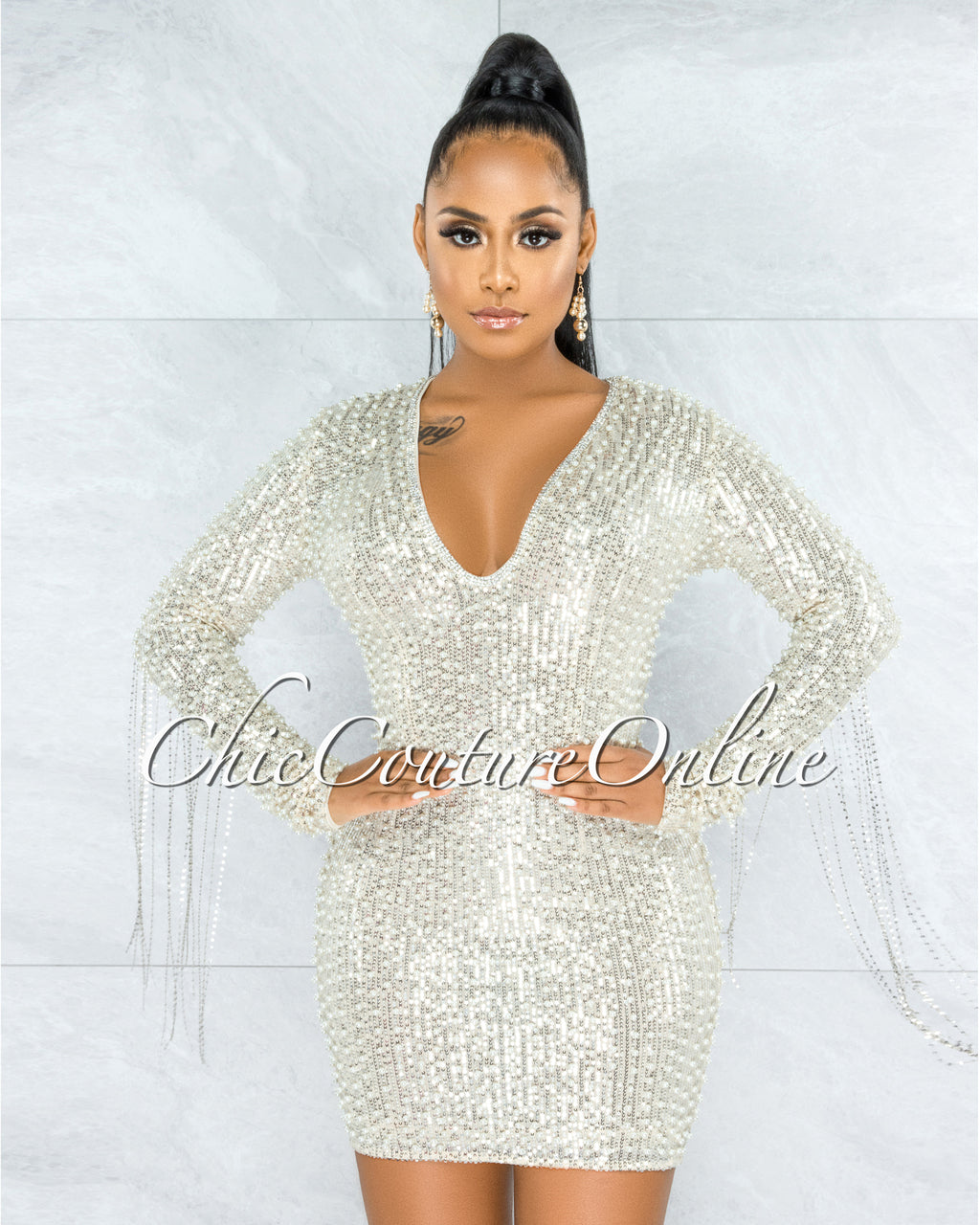 silver sequin chain dress Silver Sequin Maxi Dress With Crystal Chain Straps Silver / 6