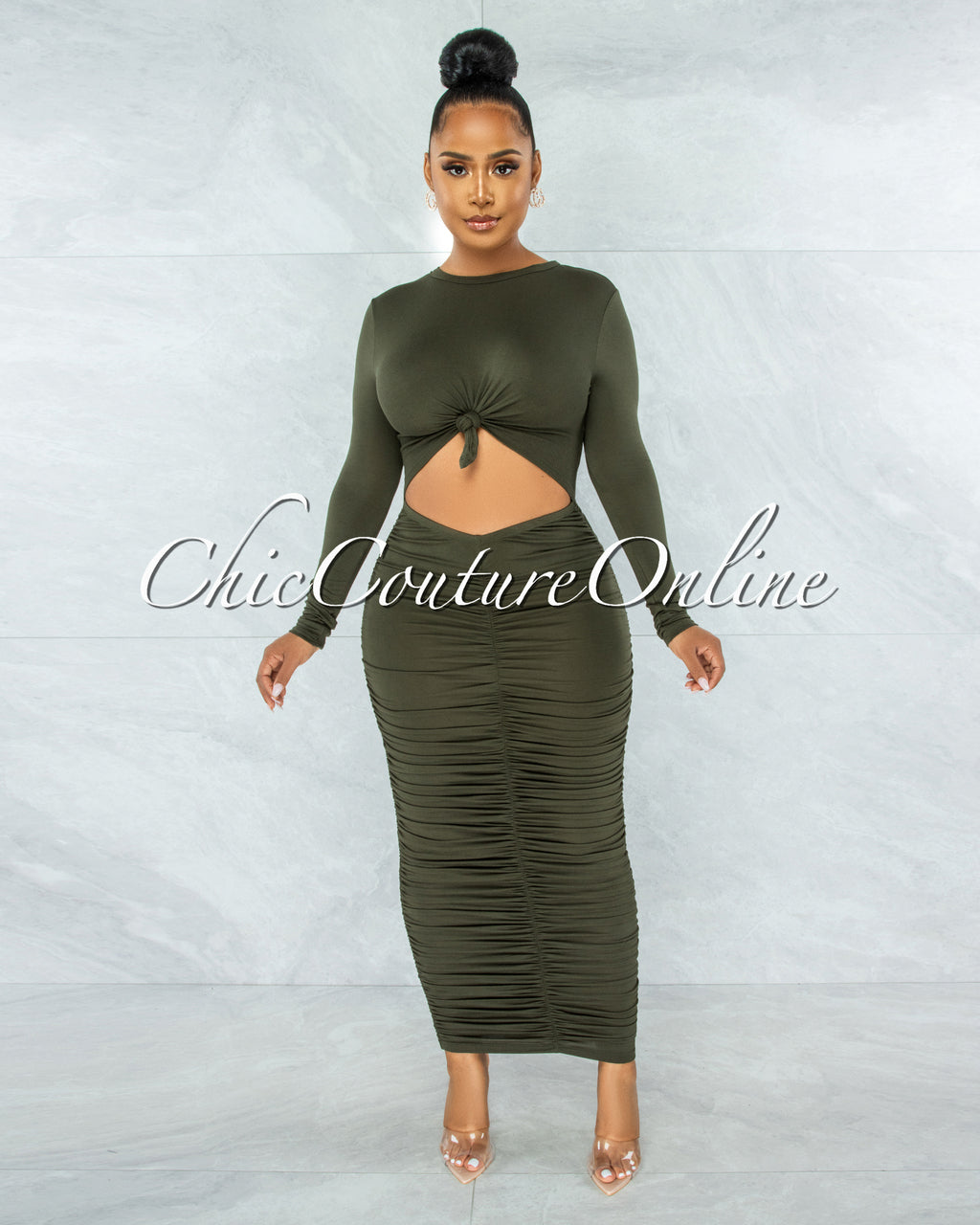 Zafara Olive Front Knot Cut-Out Ruched Maxi Dress