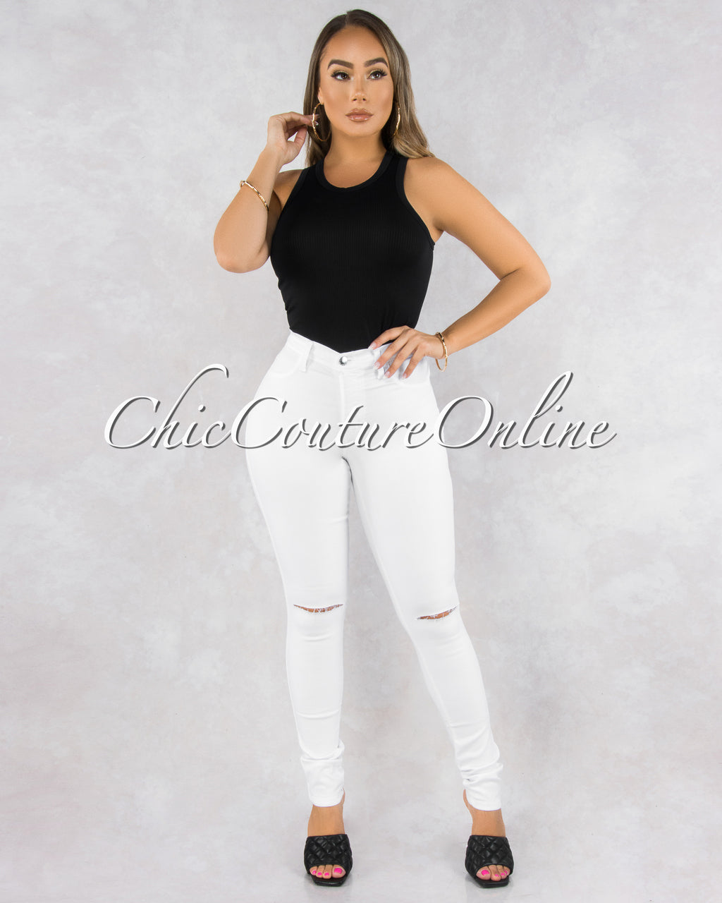 *Kenya White Denim Cut-Out Knees Jeans