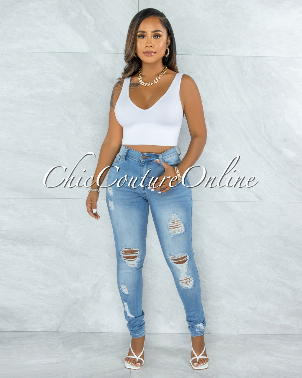 *Azuka Light Denim High-Waist Distressed Skinny Jeans