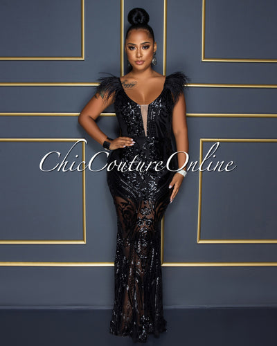 Francesca Black Sequins Feather Shoulders Maxi Dress