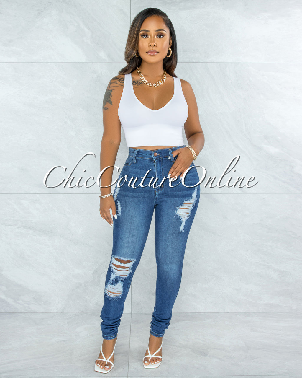 *Electra Medium Denim High-Waist Distressed Skinny Jeans