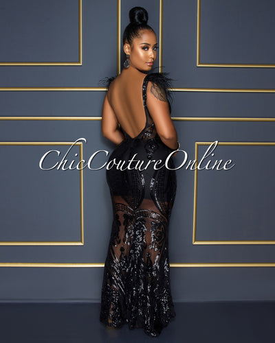 Francesca Black Sequins Feather Shoulders Maxi Dress