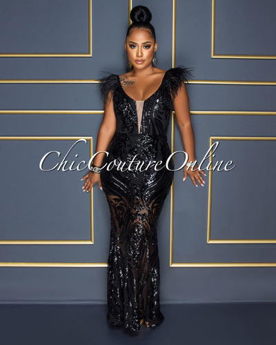 Francesca Black Sequins Feather Shoulders Maxi Dress
