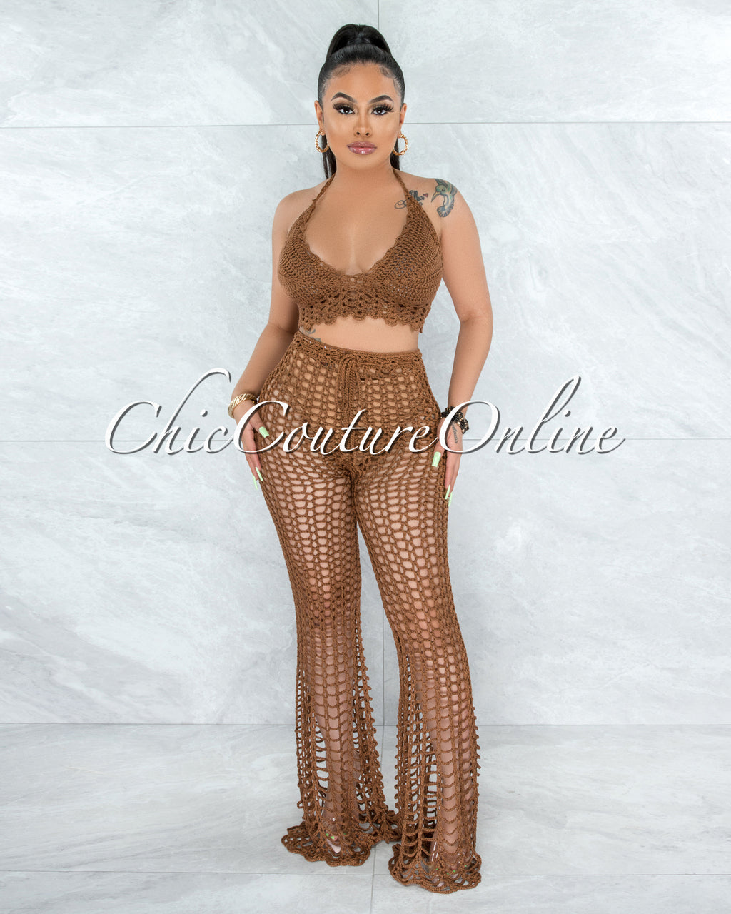 *Egesa Brown Crochet Cover-Up Fishnet Set