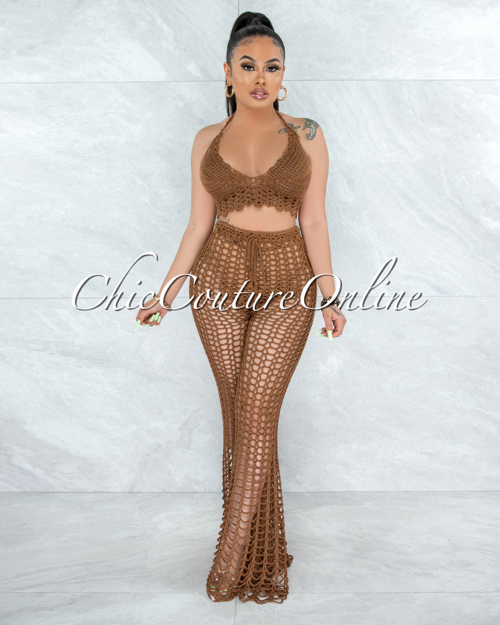 *Egesa Brown Crochet Cover-Up Fishnet Set