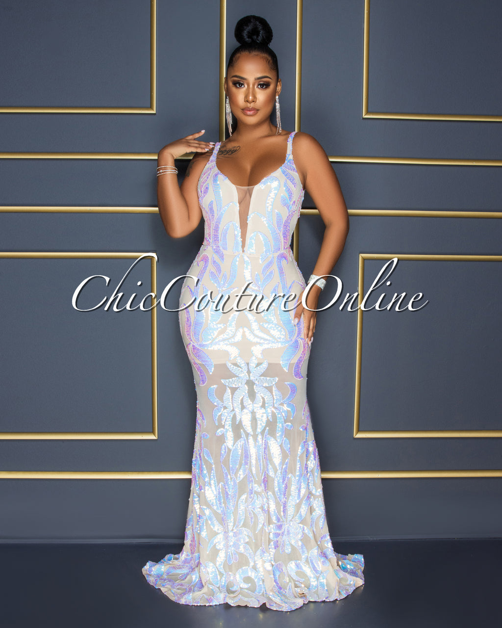 Kristie Nude Iridescent Sequins Low Back Maxi Dress