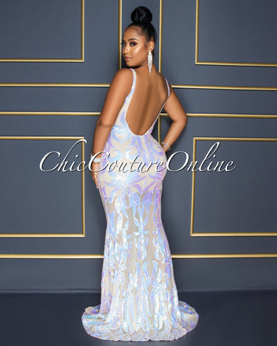 Kristie Nude Iridescent Sequins Low Back Maxi Dress