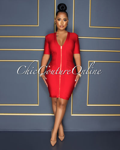 Venla Red Gold Zipper Trim Bandage Dress