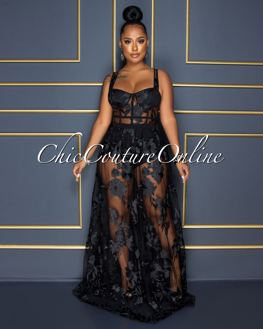 *Lidonie Black Embroidery Mesh Maxi Padded Dress