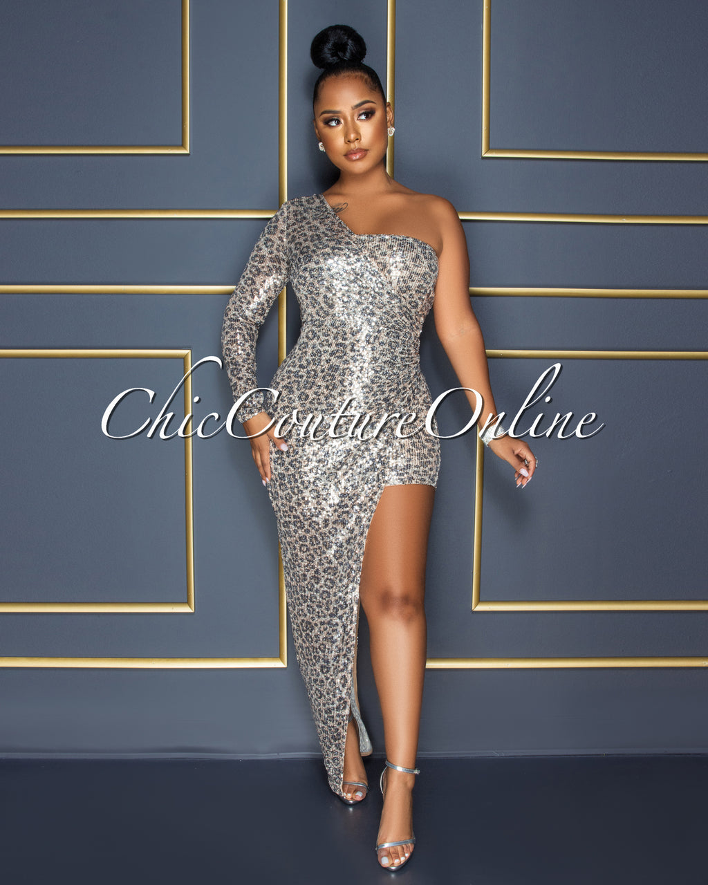 Javiera Nude Leopard Print Sequins Single Shoulder Slit Dress