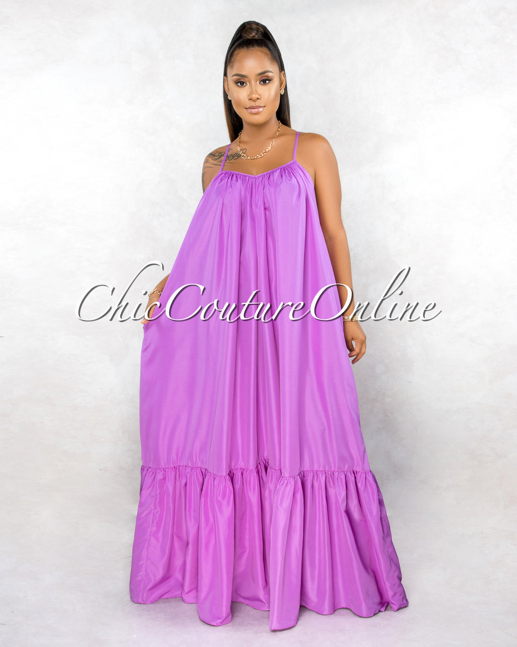 Naman Lavender Low Back Ruffle Hem Maxi Shirt CURVACEOUS Dress