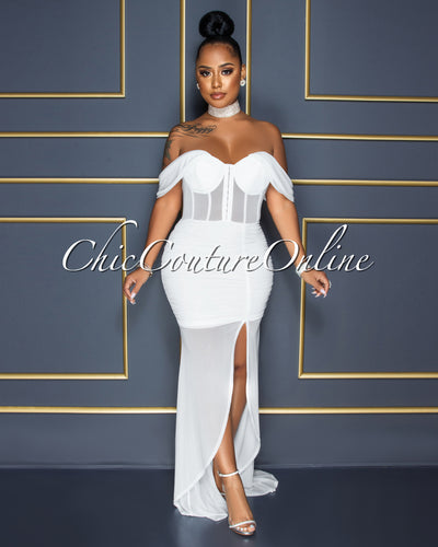 Mathilda Off-White Mesh Drape Hi-Lo Hem Maxi Dress