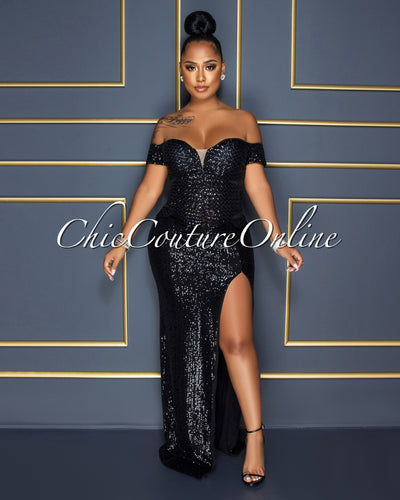 Katharina Black Sequins Mesh Side Slit Maxi Dress