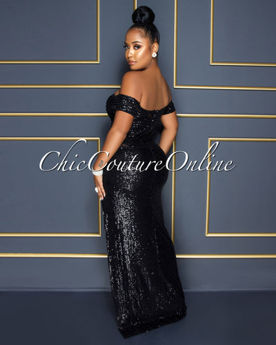 Katharina Black Sequins Mesh Side Slit Maxi Dress