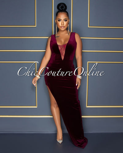 Cecilie Wine Red Velvet Lace Side Slit Maxi Dress