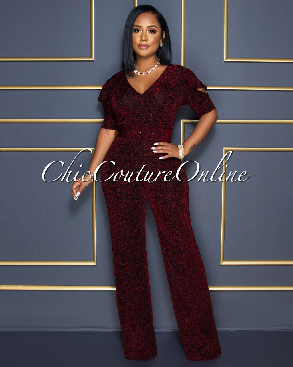 Venus Black Red Shimmer Ruffle Sleeves Belted Jumpsuit