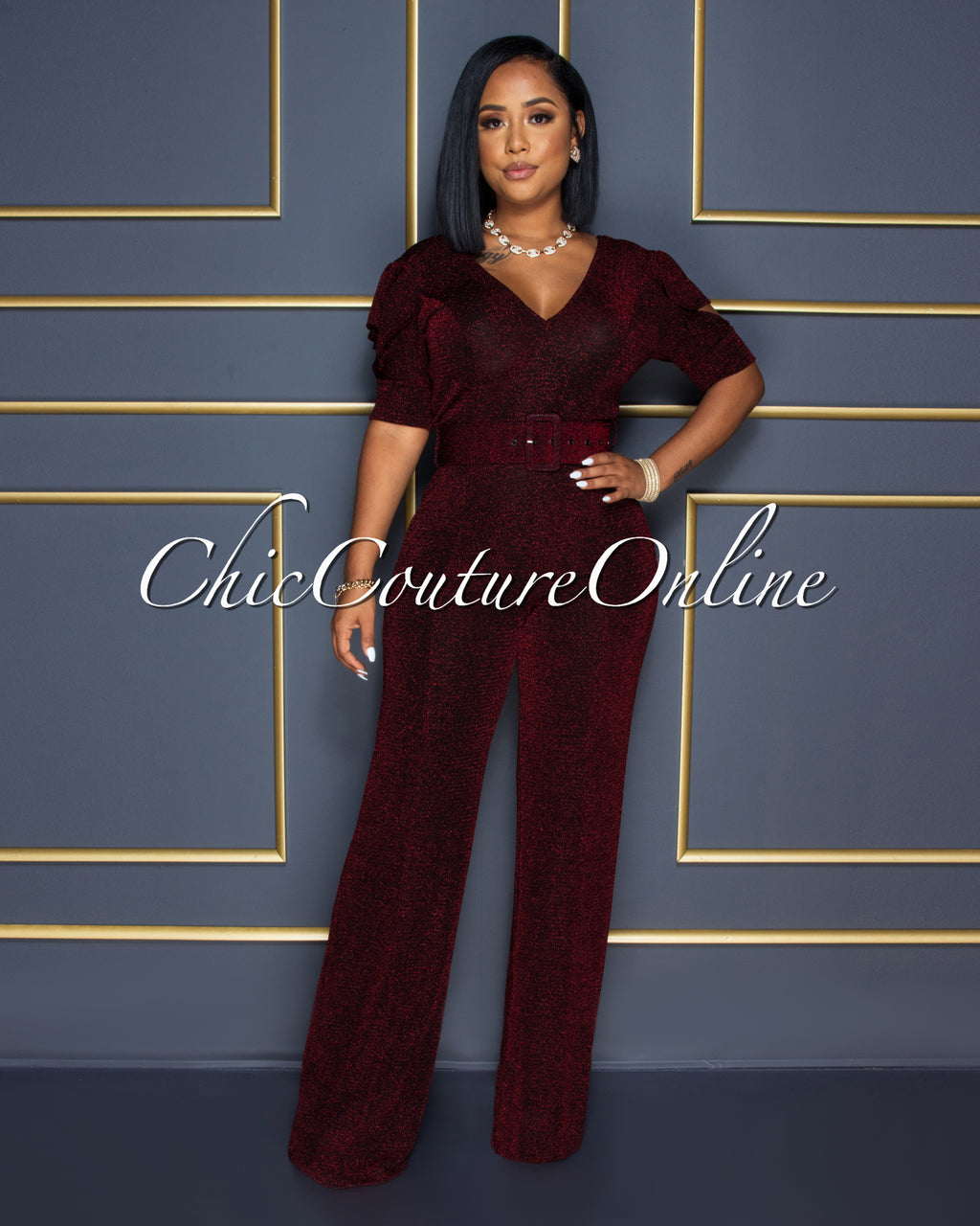 Venus Black Red Shimmer Ruffle Sleeves Belted Jumpsuit