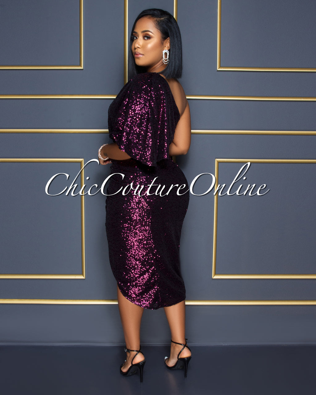 Trisna Fuchsia Black Sequins Single Shoulder Midi Dress