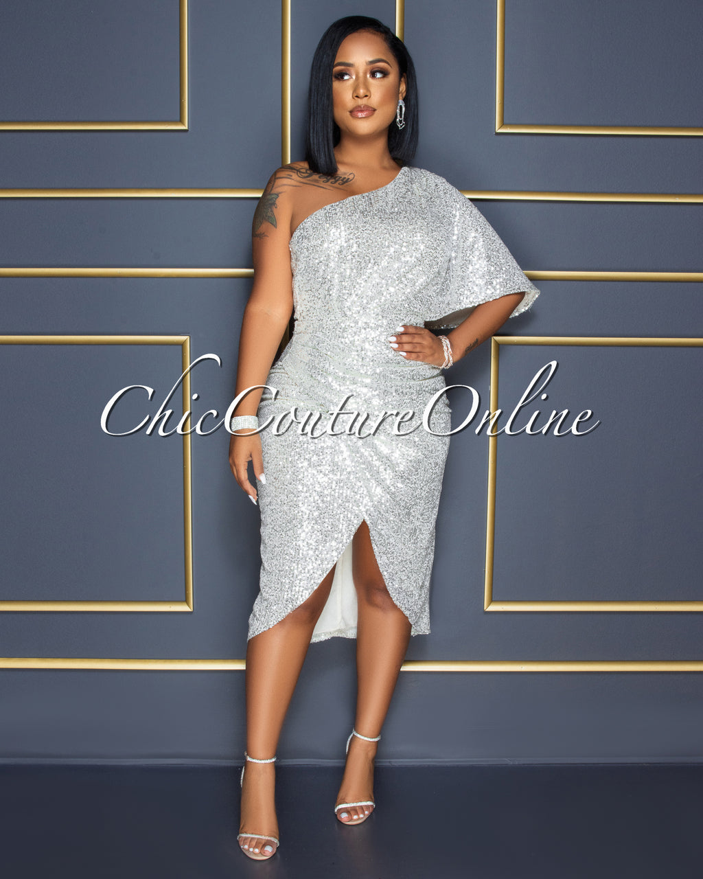 *Trisna Champagne Silver Sequins Single Shoulder Midi Dress