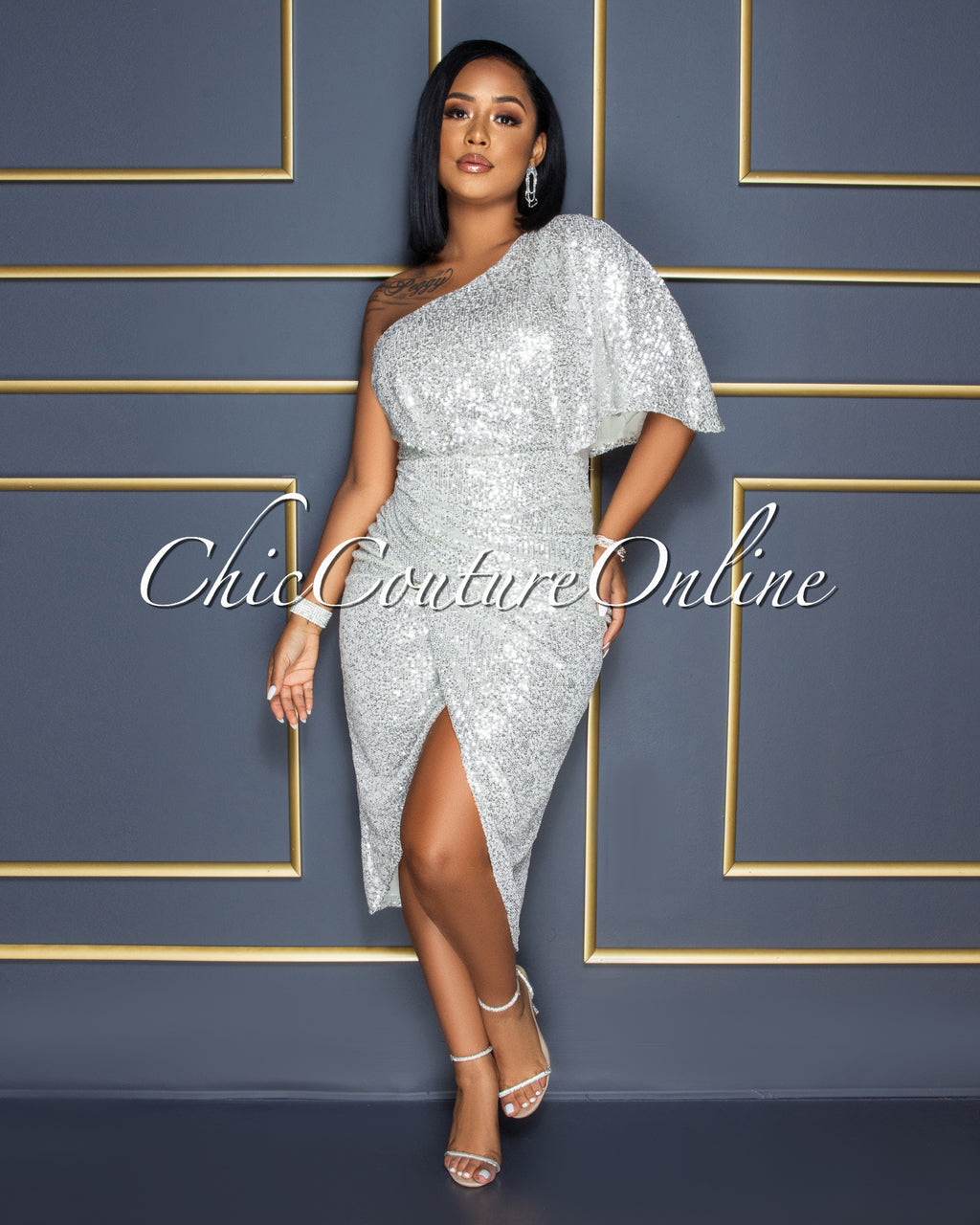 Trisna Champagne Silver Sequins Single Shoulder Midi Dress