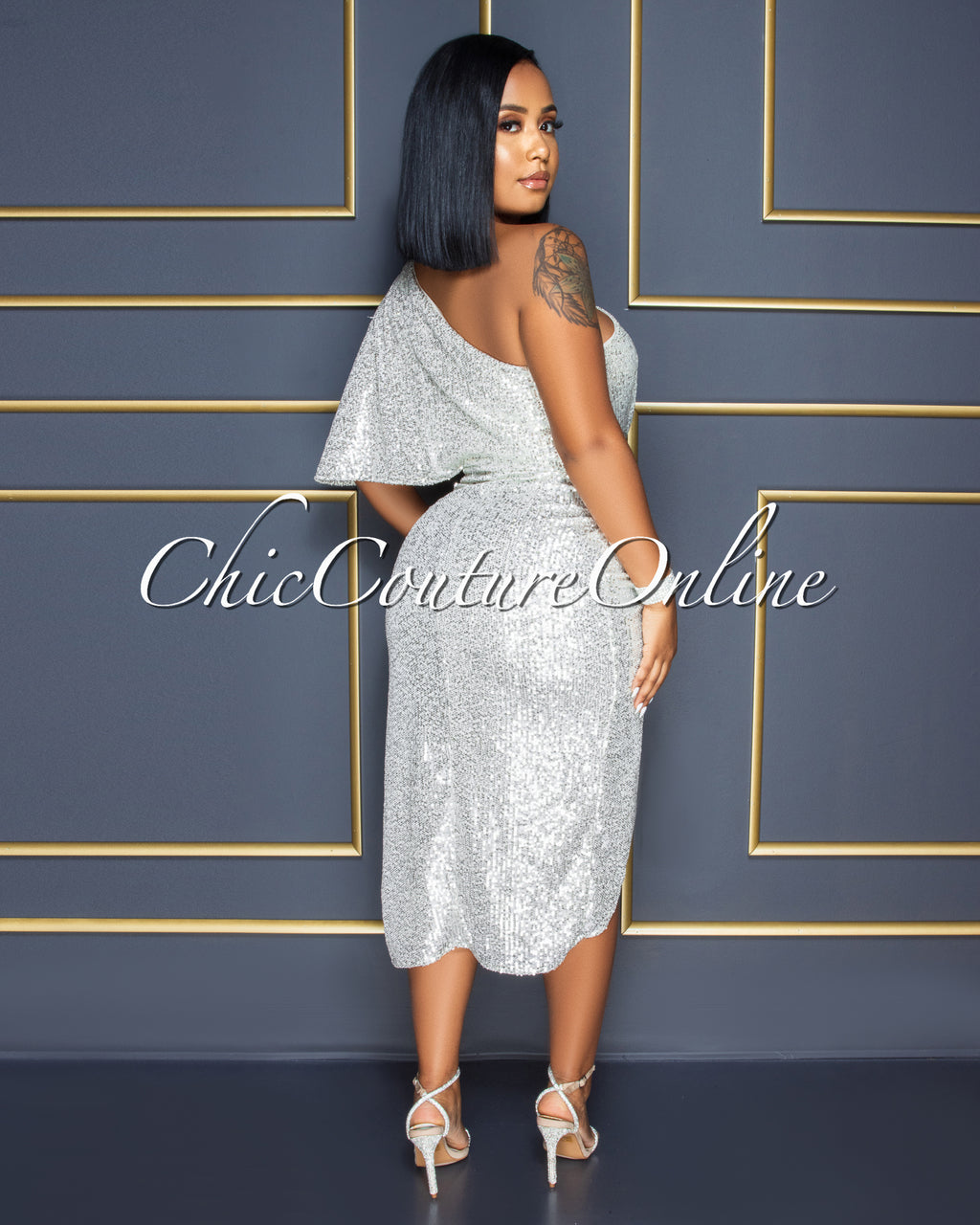 Trisna Champagne Silver Sequins Single Shoulder Midi Dress – Chic Couture Online Trisna Champagne Silver Sequins Single Shoulder Midi Dress – Chic Couture Online