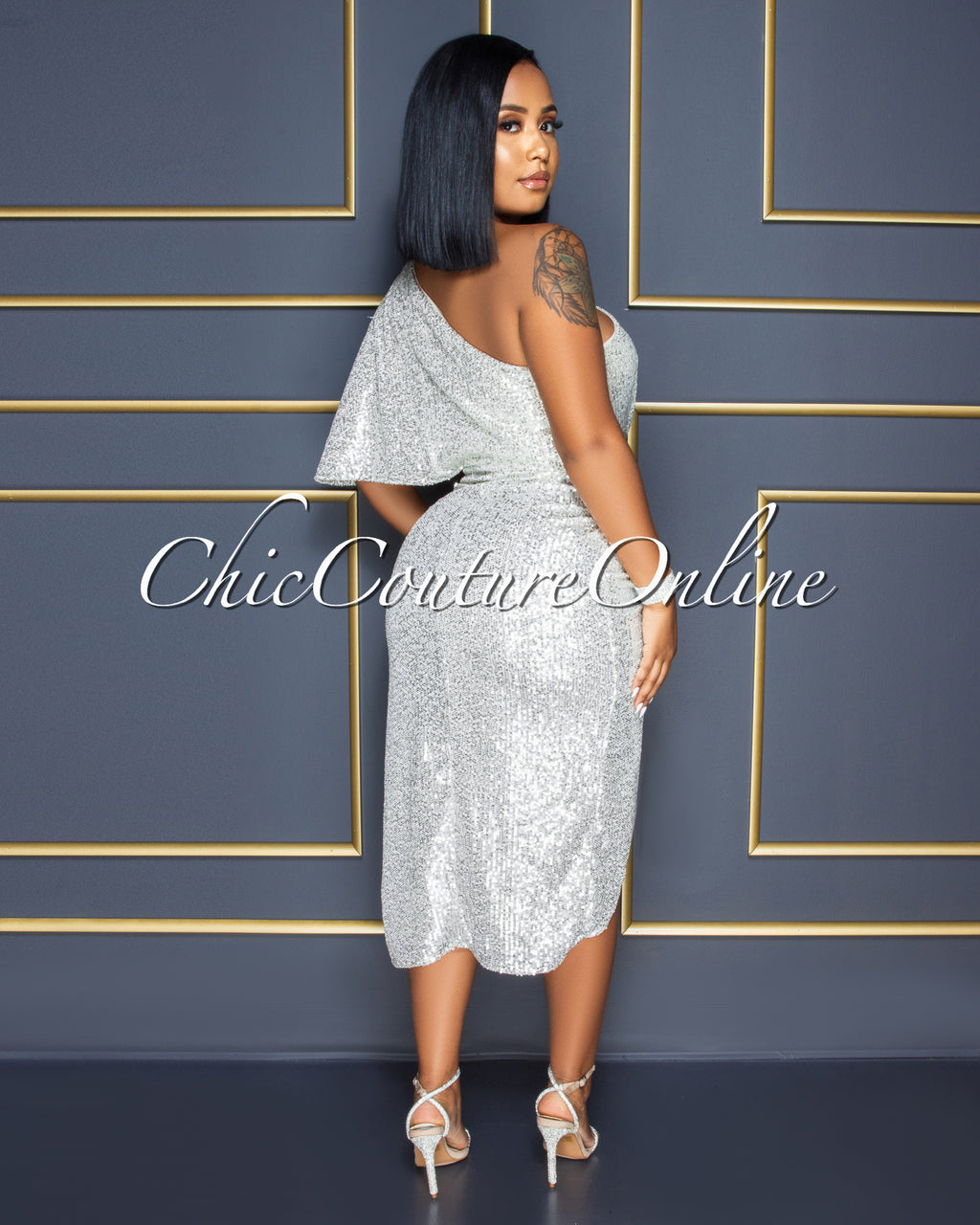 Trisna Champagne Silver Sequins Single Shoulder Midi Dress