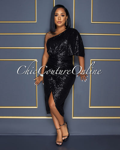 Trisna Black Sequins Single Shoulder Midi Dress