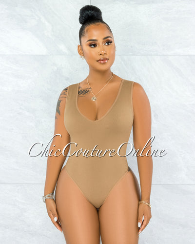 Inaya Mocha V-Back Ribbed Body-Con Bodysuit