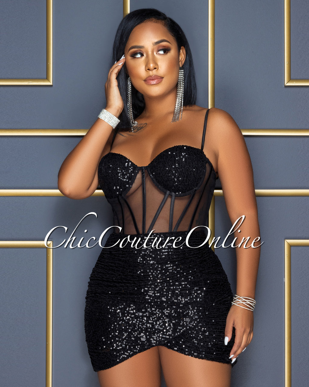 Wilena Black Sequins Mesh Corset Waist Dress