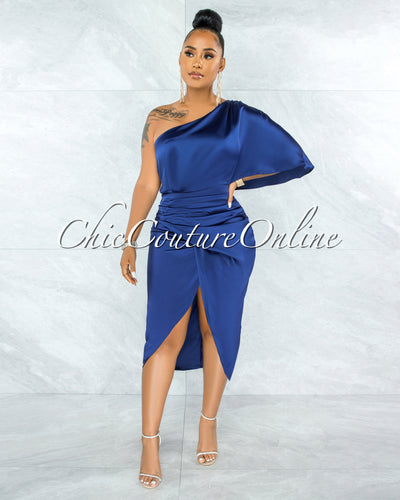 *Babette Blue Draped Single Shoulder Midi Dress