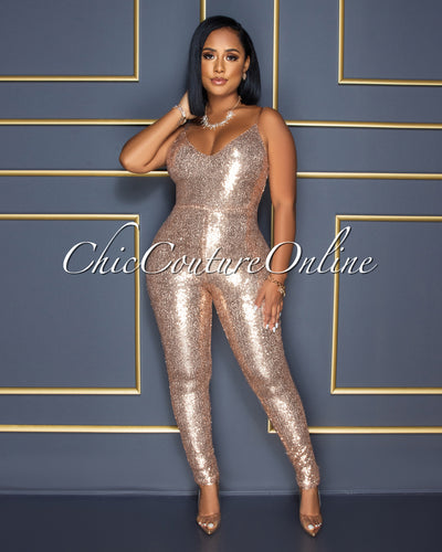 Sumeya Rose Gold Sequins Clear Straps Jumpsuit
