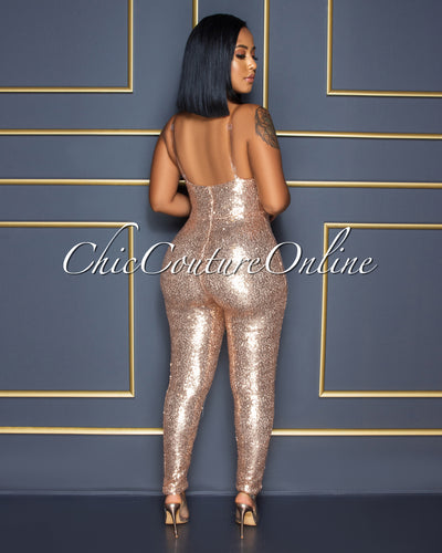 Sumeya Rose Gold Sequins Clear Straps Jumpsuit