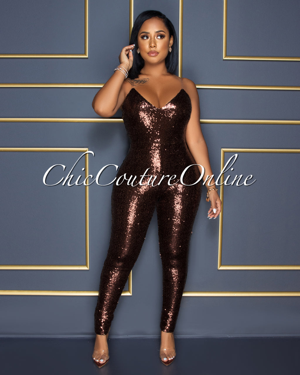 Sumeya Brown Sequins Clear Straps Jumpsuit