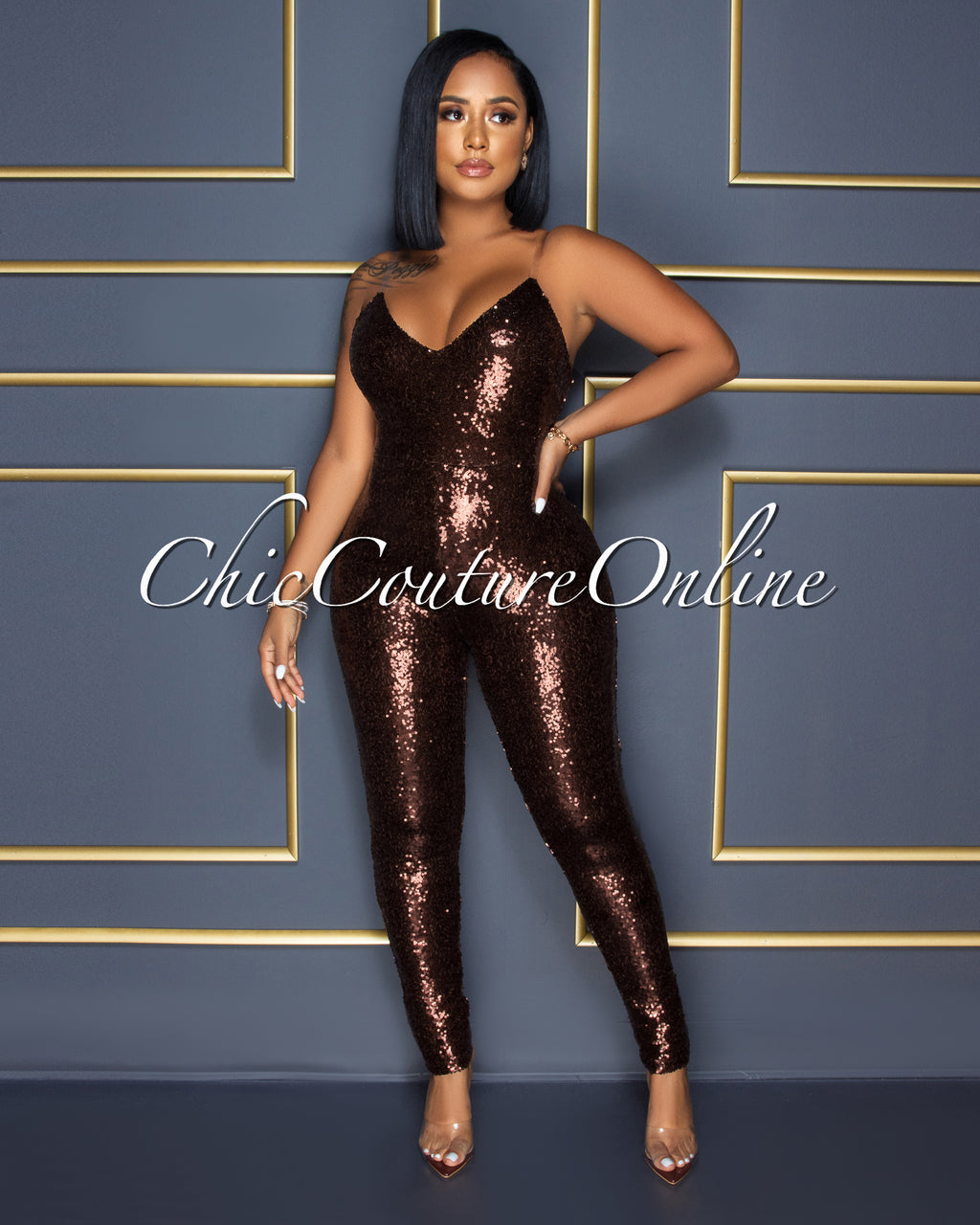 *Sumeya Brown Sequins Clear Straps Jumpsuit