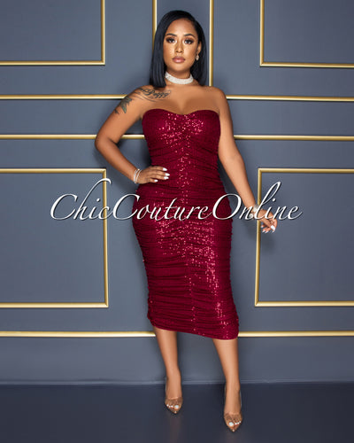 Kayden Burgundy Sequins Ruched Strapless Midi Dress