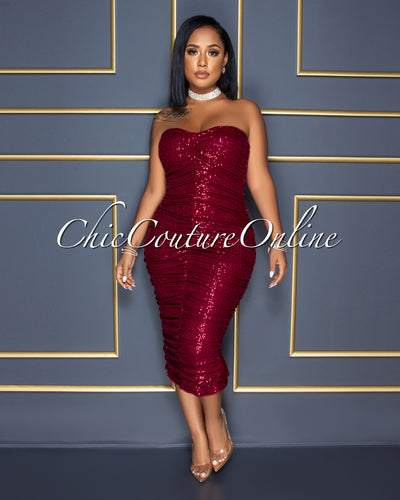 Kayden Burgundy Sequins Ruched Strapless Midi Dress