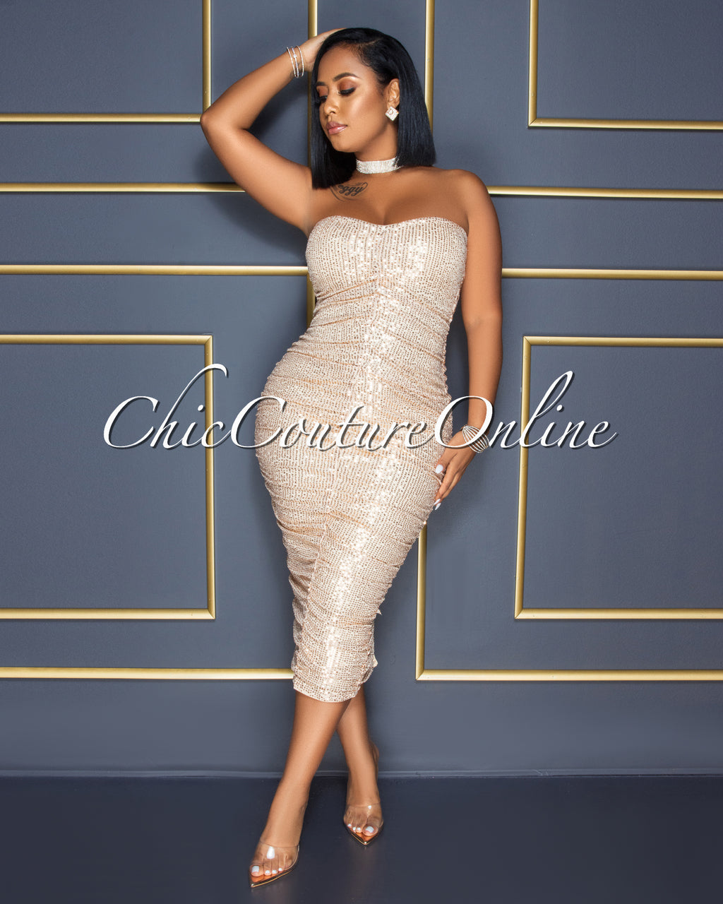 Kayden Nude Rose Gold Sequins Ruched Strapless Midi Dress