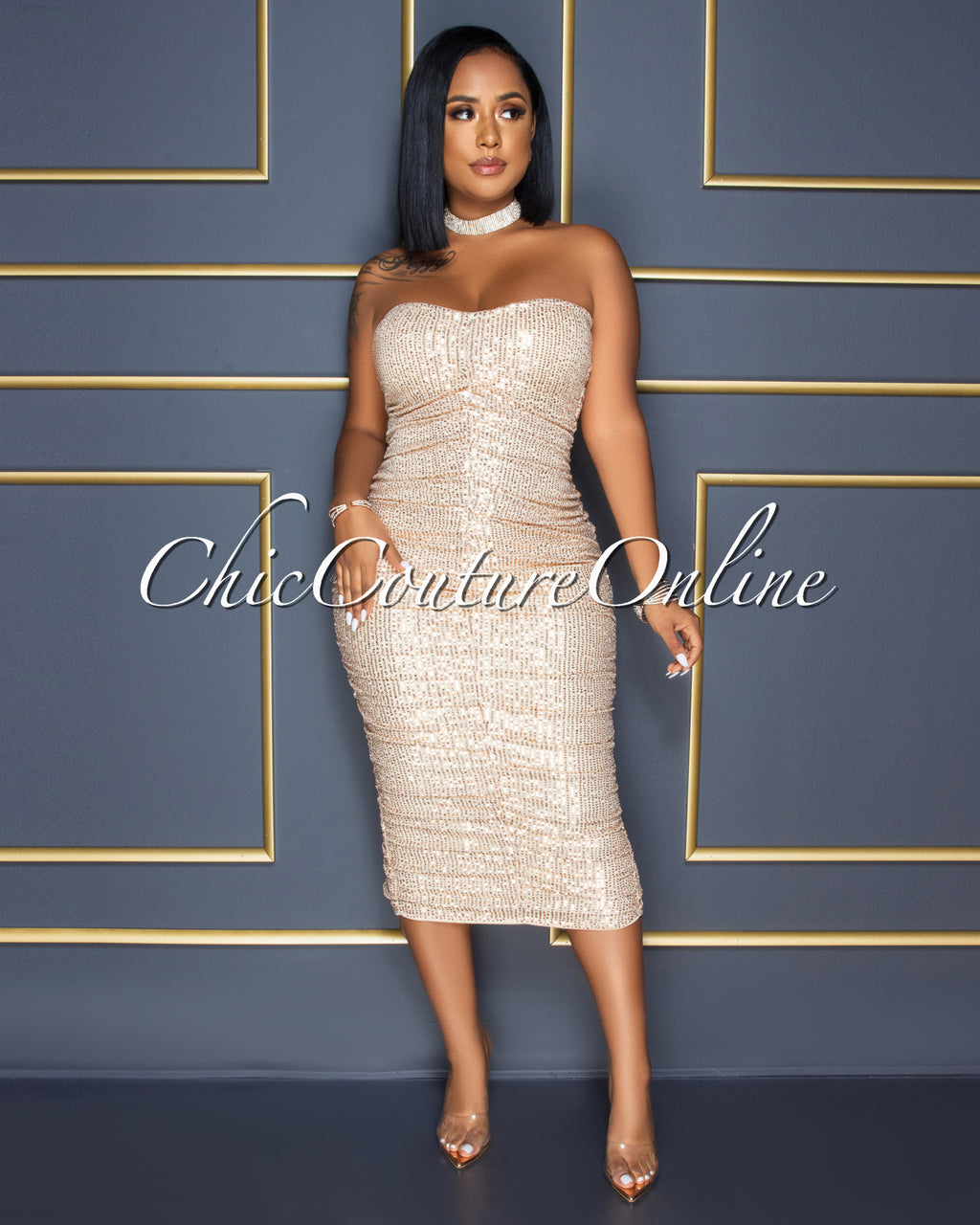 Kayden Nude Rose Gold Sequins Ruched Strapless Midi Dress