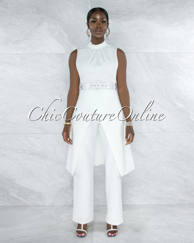 *Treva Off-White Belted Long Top & Pants Set