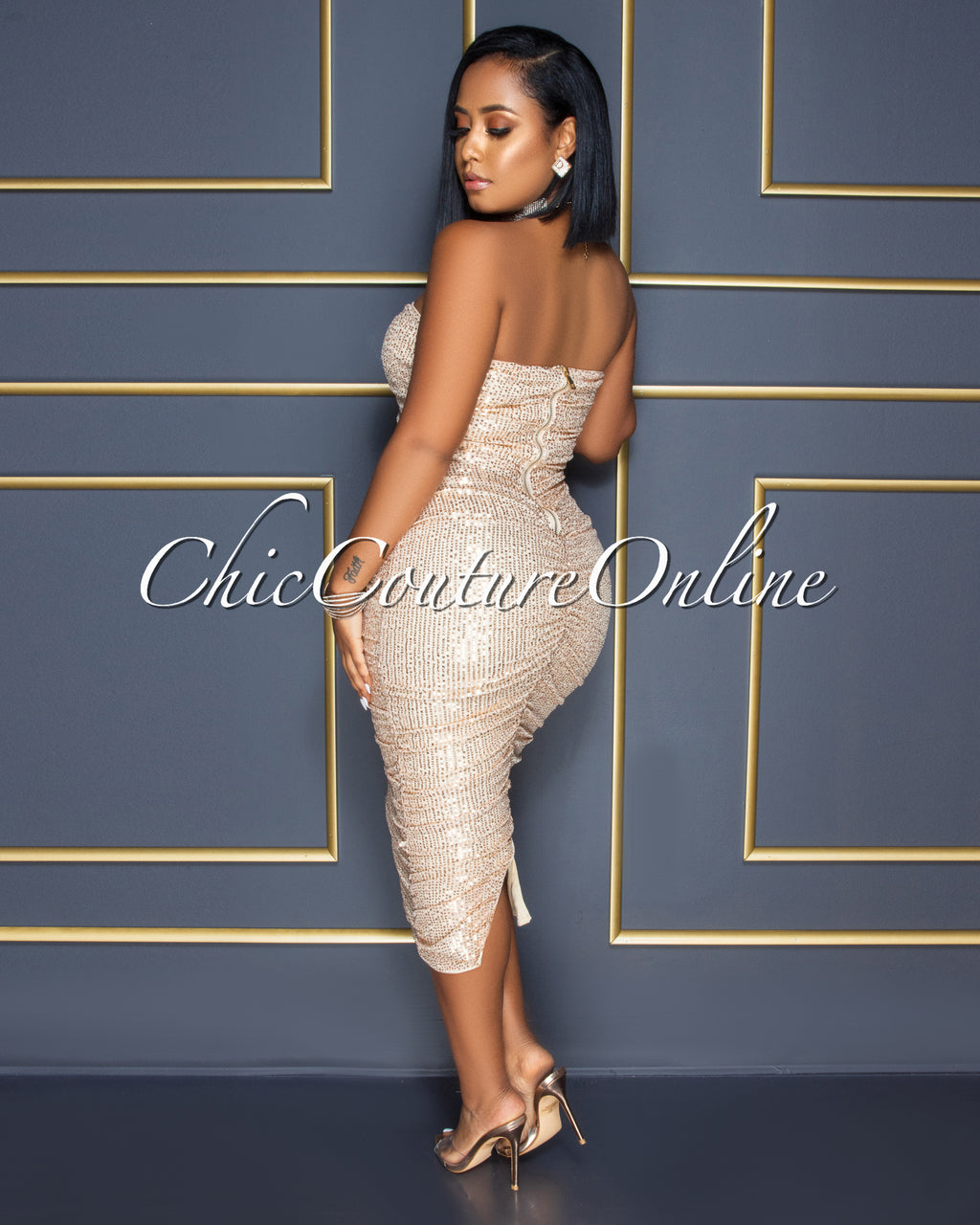 Kayden Nude Rose Gold Sequins Ruched Strapless Midi Dress