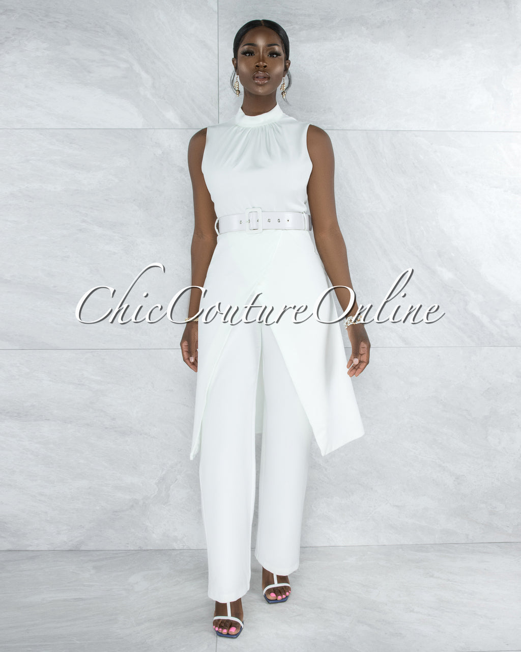 *Treva Off-White Belted Long Top & Pants Set