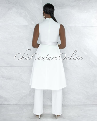 *Treva Off-White Belted Long Top & Pants Set