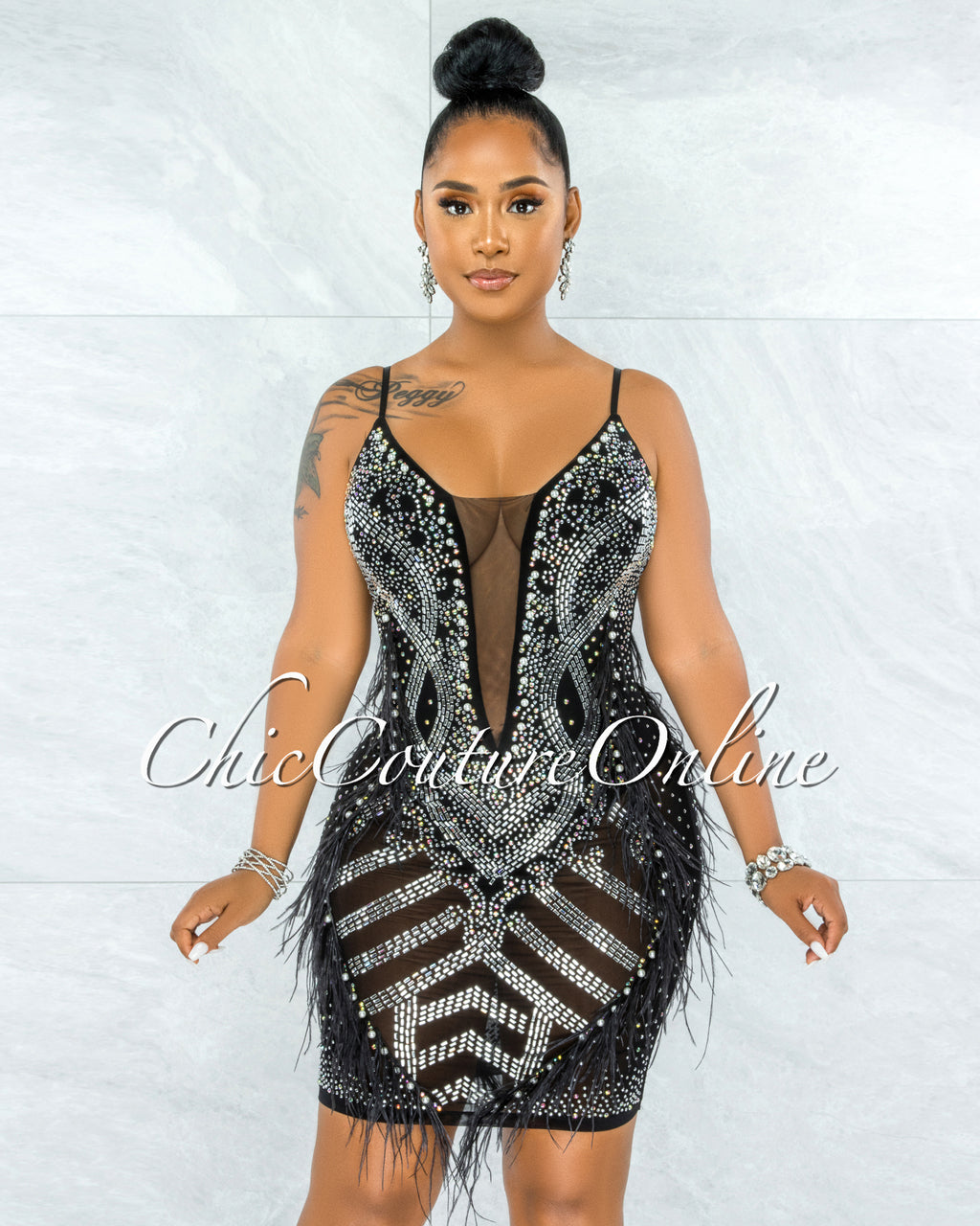 *Denise Black Mesh Pearls & Rhinestones Feathers Bodysuit Dress