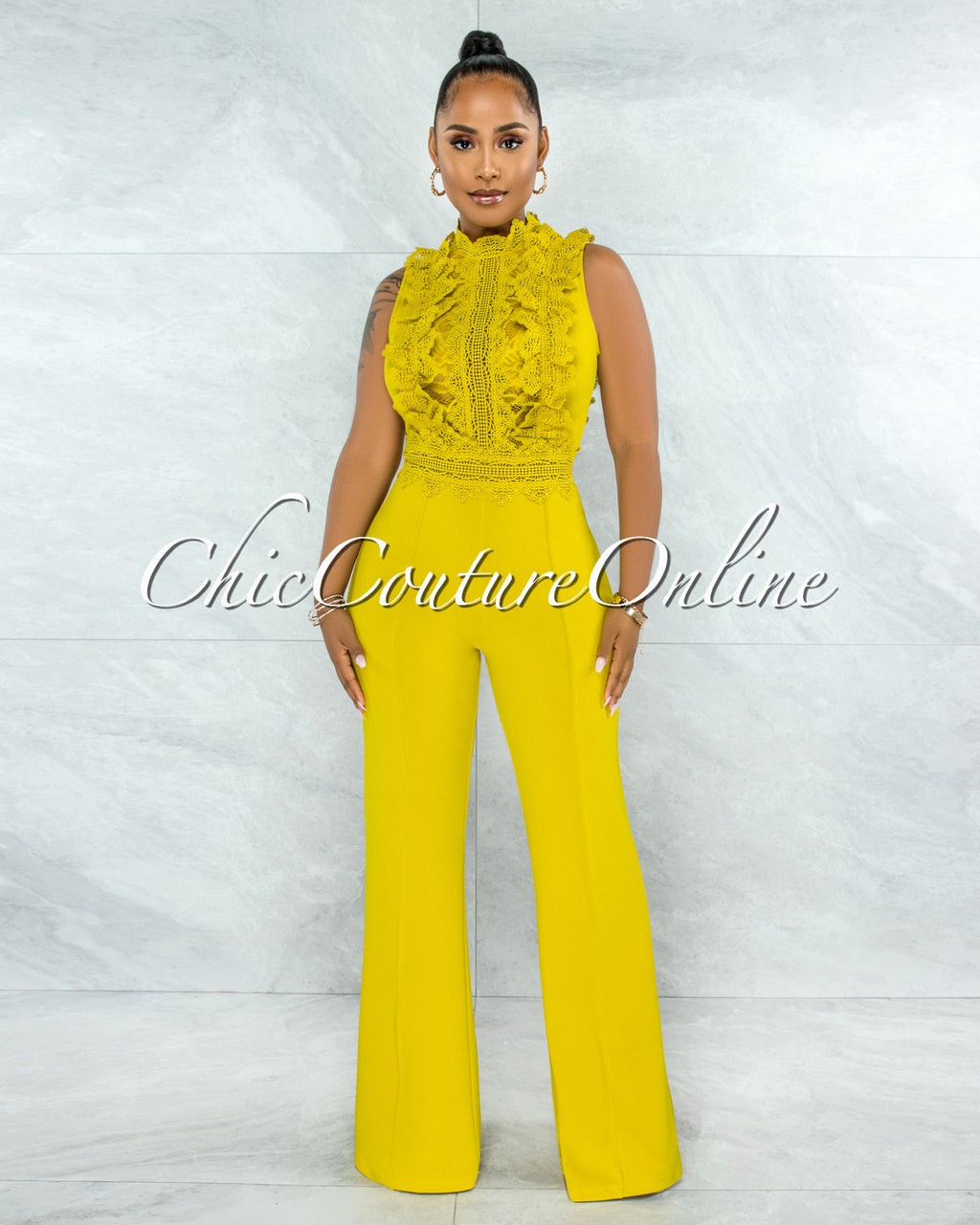 *Firth Lime Yellow Crochet See-Through Top Jumpsuit