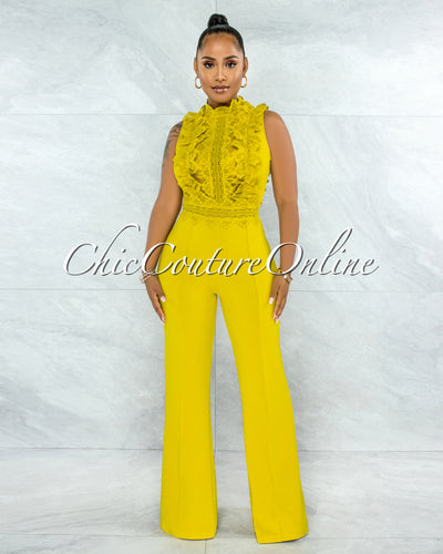 *Firth Lime Yellow Crochet See-Through Top Jumpsuit