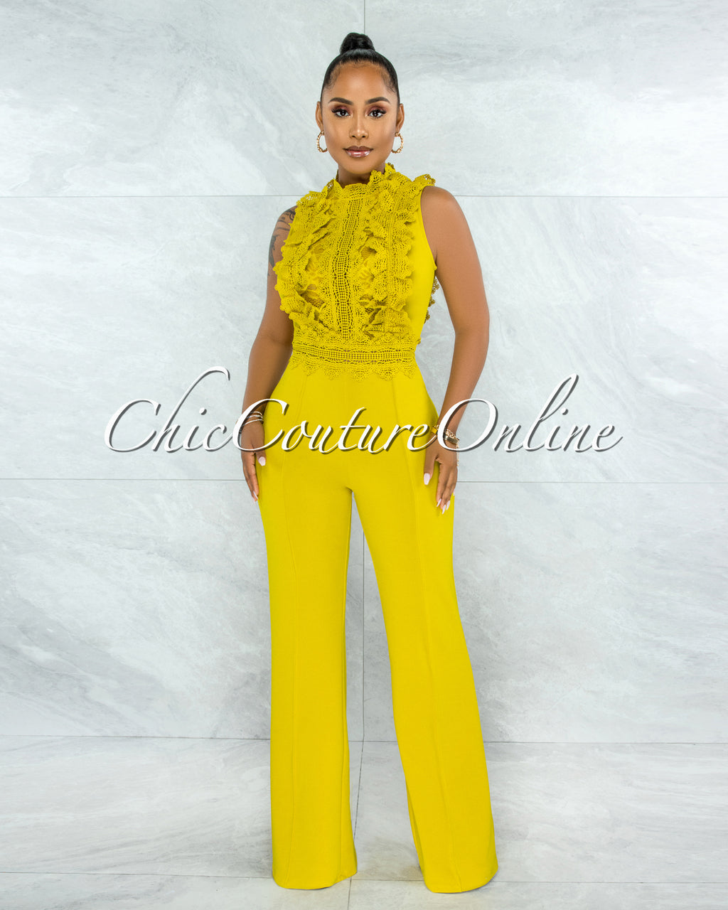 *Firth Lime Yellow Crochet See-Through Top Jumpsuit