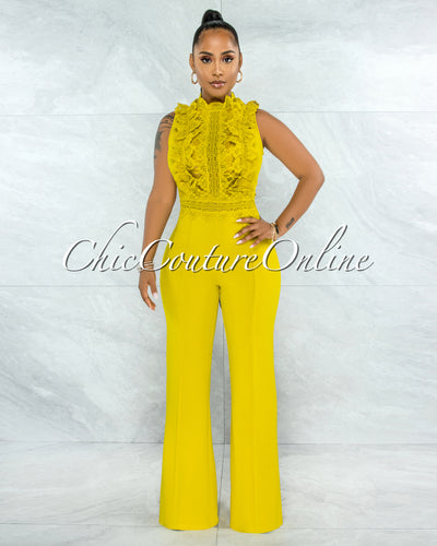 *Firth Lime Yellow Crochet See-Through Top Jumpsuit